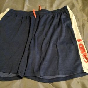 And 1 athletic shorts. Navy blue, white stripes and pink lettering.